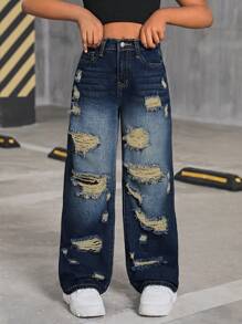 SHEIN Tween Girl Y2K Fashion Retro Washed High Waist Distressed Ripped Straight Leg Jeans, Back To School Casual Clothes - Dark Wash - View 5