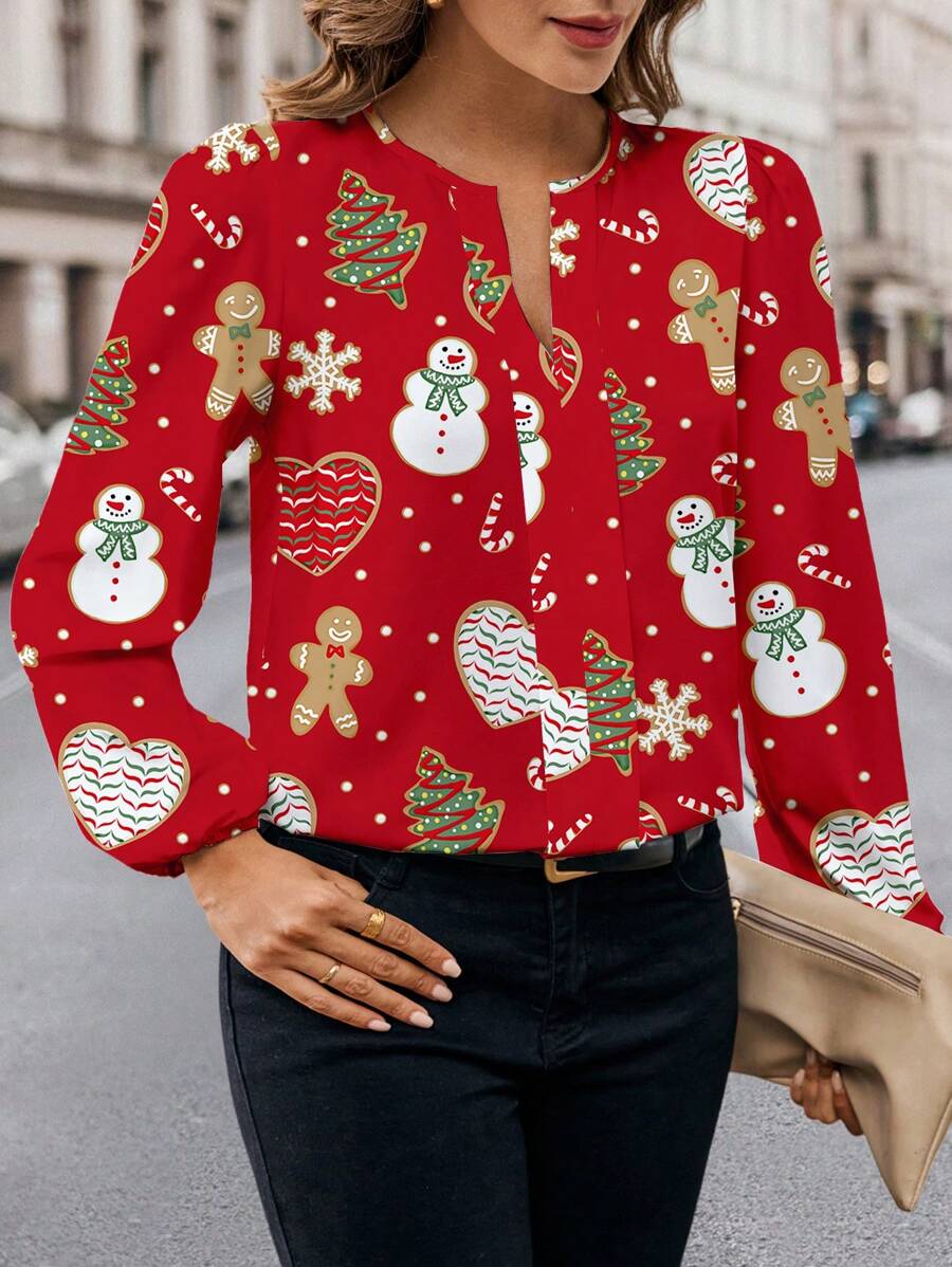 Glamance Polina Brazil Women Red Blouses Long Sleeve Notched Casual Christmas,Geometric,Plain Summer Outfits For Women Summer Tops Going Out - Red - View 1