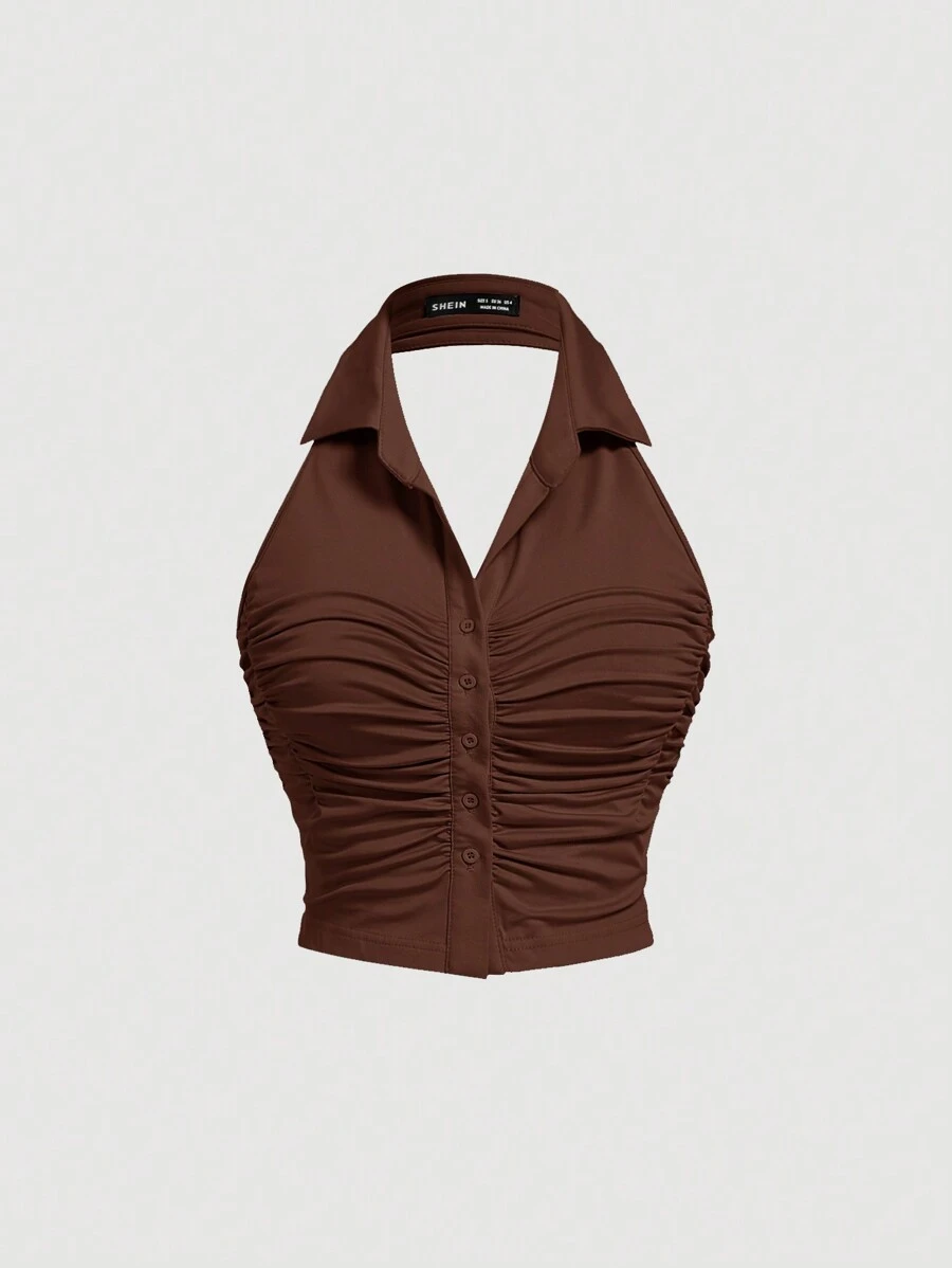 SHEIN MOD 女士纯色挂脖式无袖前扣休闲背心 - 咖啡棕 - 查看 1