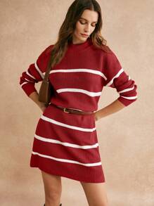 Poéselle 女士条纹圆领落肩长袖休闲针织毛衣连衣裙，秋冬 - 彩色 - 查看 3