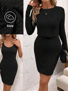 SHEIN Clasi 2pcs/Set Women Velvet Top And Dress Two-Piece Outfit, Warm And Suitable For Going Out In Multiple Occasions