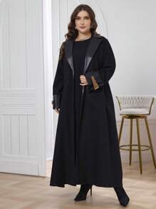 Al Najma 女式加大码翻领长袖阿拉伯简约休闲开襟长袍 Abaya，适合日常休闲/工作 - 黑色 - 查看 5