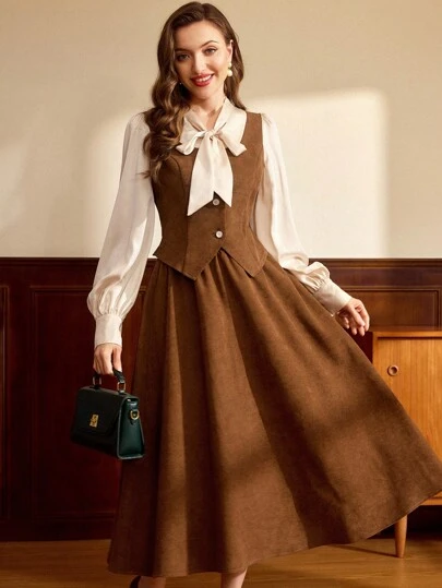 Vintamour 2 件套复古优雅女士套装，合身撞色拼布，丝带和蝴蝶结装饰，可可色上衣和下装，秋冬女装女士套装感恩节女士套装两件套服装棕色两件套棕色套装情人节蝴蝶结