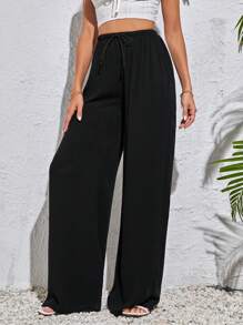 SHEIN Tall High Waist Drawstring Solid Color Black Long Pants For Summer - Black - View 5