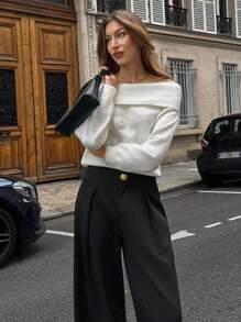 Chiquease Suéter de punto con hombros descubiertos y diseño floral 3D, elegante suéter de mujer para otoño, tejido de punto para otoño e invierno - Blanco - Ver 3