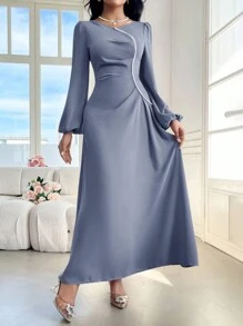 Modelyn Women Solid Color Crew Neck Long Sleeve Faux Pearl Decor Minimalist Casual Arabian Modest Dress Long Evening Dresses