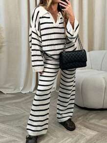 INAWLY 2pcs/Set Plus Size Striped Polo Collar Sweater Top & Pants Casual Knit Suit Fall Cloth For Women - Black and White - View 6