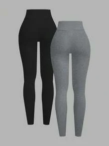 SHEIN EZwear 2pcs Women Ribbed Seamless High Waist Yoga Leggings, Cross Waistband Tight Fit Sports Workout Pants