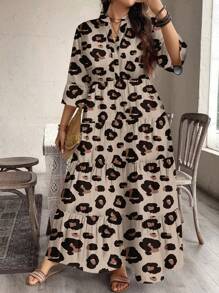 EMERY ROSE 大码休闲豹纹立领中袖优雅长裙，适合秋冬季