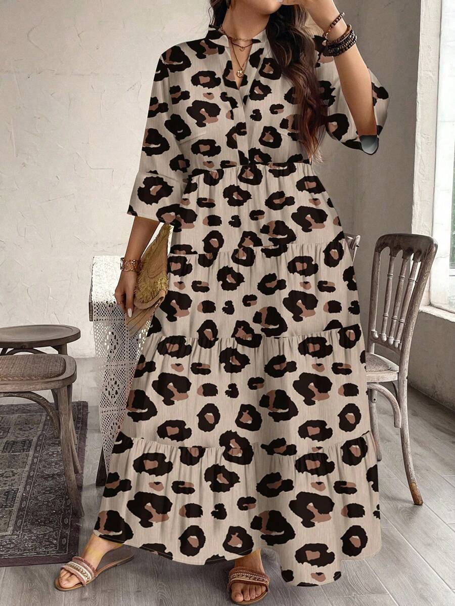 EMERY ROSE 大码休闲豹纹立领中袖优雅长裙，适合秋冬季