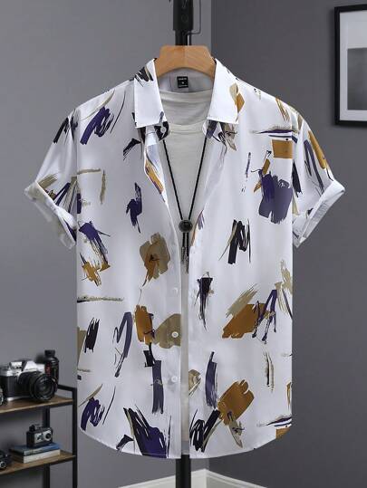 Camisa de manga corta casual con estampado gráfico colorido aleatorio sin camiseta, ideal como regalo para el novio