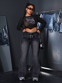 SHEIN ICON 大码前扣纯色牛仔裤，休闲与日常穿着 - 黑色 - 查看 6