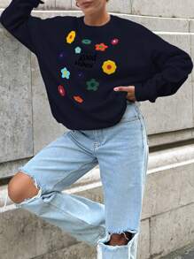 EURMUSE Floral Embroidery Round Neck Drop Shoulder Sweatshirt - Black - View 4