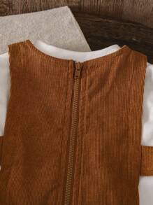 SHEIN 3pcs Baby Girl Knit Solid Color Turtleneck Fitted Top With Princess Sleeves, Corduroy Sleeveless Vest And Corduroy A-Line Skirt Set, Suitable For Parties