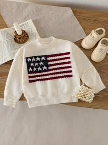 SHEIN 新生女婴美国国旗图案针织毛衣，女婴圆领长袖条纹套头衫，柔软温暖，适合家人和姐妹 - 白色 - 查看 1