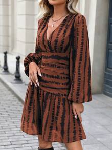 SHEIN Clasi Đầm dự tiệc cổ chữ V tay bồng bềnh họa tiết ngựa vằn ôm sát và xòe cho nữ, Xuân/Thu, Thu - Rỉ Nâu - Xem 7