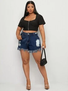 SHEIN Essnce Plus Size Summer Casual Distressed Frayed Hem Denim Shorts, Washed - Dark Wash - View 3
