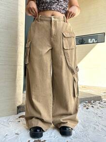 SHEIN ICON Plus Size Streetwear Utility Loose Leg Jeans, Khaki