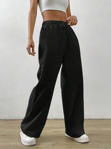 SHEIN EZwear Summer Black Drawstring Waist Slant Pocket Pants Dress Pants
