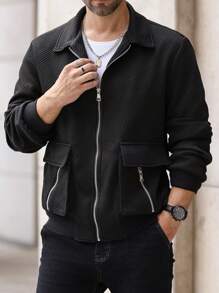 Manfinity Homme Chemise-veste décontractée pour homme, texturée, avec poche à rabat et fermeture éclair