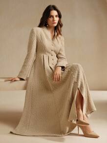 Anewsta 女士 V 领高腰灯笼袖连衣裙，优雅宫廷风格长款粗花呢女装 - 杏色 - 查看 6