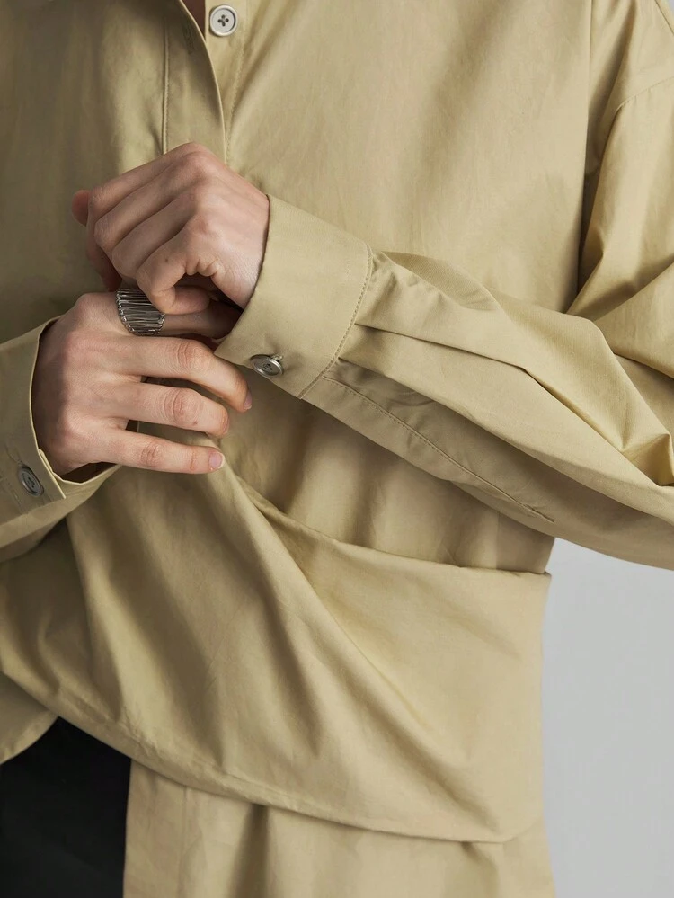 Women's Cotton Khaki Button-Up Loose Wrap Casual Shirt, Simple Design, Long Sleeve, Autumn