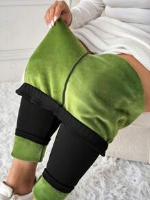 EMERY ROSE Plus Size Comfortable Warm Stretchy Colorblock Thermal Lined Leggings - Black - View 5