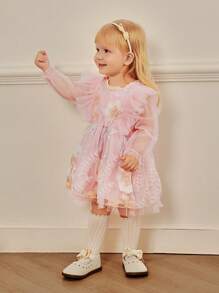 SHEIN Baby Girl 2-4T Winter New Floral Embroidery Tulle Long Sleeve Princess Dress, Elegant And For Christmas, New Year Party, Birthday - Pink - View 1