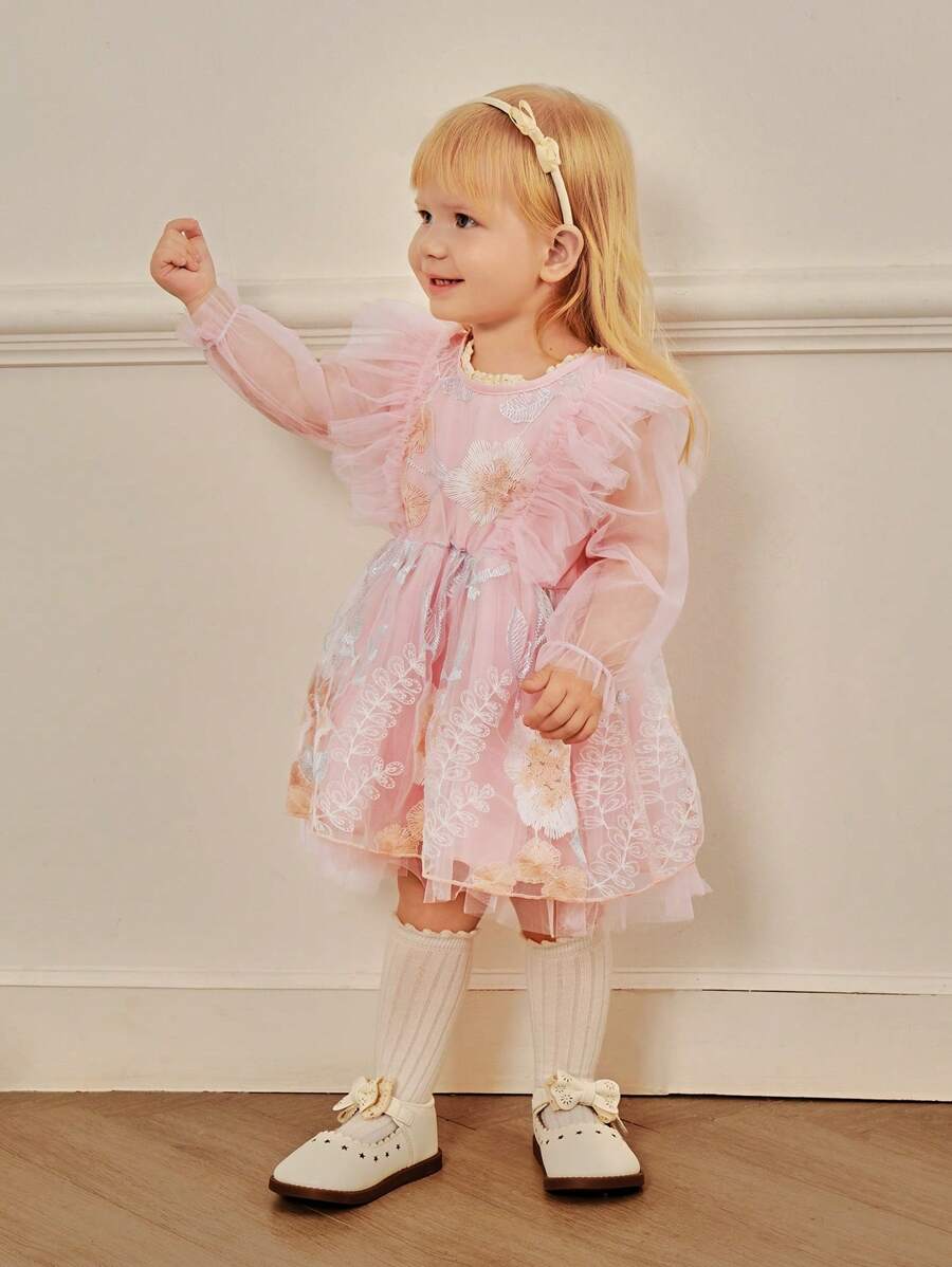 SHEIN Baby Girl 2-4T Winter New Floral Embroidery Tulle Long Sleeve Princess Dress, Elegant And For Christmas, New Year Party, Birthday - Pink - View 1