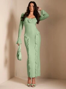 SHEIN BAE Elegant Women's Long Sleeve Fitted Shirt, Floral 3D Decor Ruffle Trim Long Maxi Dress, Suitable For Daily Wear, Dating, Outing, Party, Fall Outfits