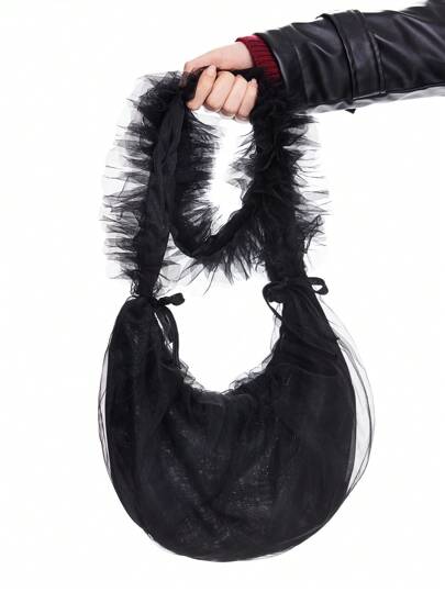 Kawaii Bolso de hombro/de mano con decoración de nube de malla arrugada, estilo elegante y dulce, versátil con decoración de cordón y ribete de volantes