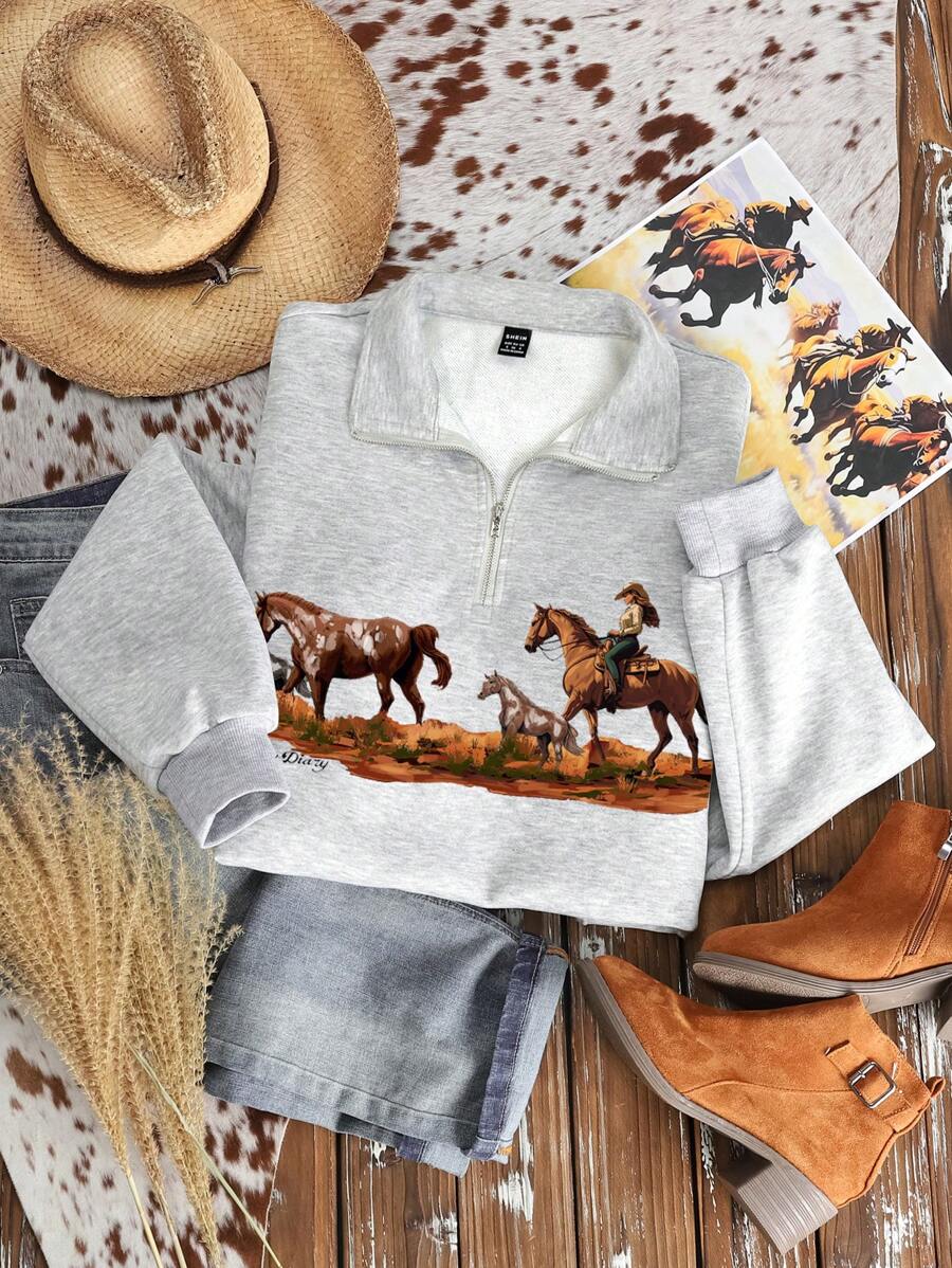 SHEIN EZwear Plus Size Loose Half-Zip High Neck Sweatshirt, Suitable For Autumn/Winter - Grey - View 1