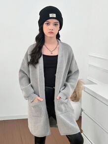 Tween Girl 休闲文字标语 BONSTON 印花宽松落肩泡泡袖后背印花口袋针织开衫，适合秋冬休闲搭配 - 淺灰色 - 查看 3