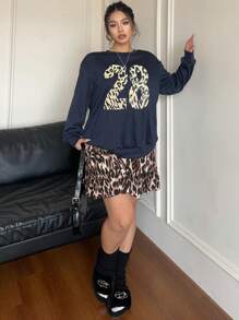 POPSWAY 2pcs/Set American Cool Girl Style Leopard Print & Digit Graphic Sweatshirt With Matching Leopard Skirt