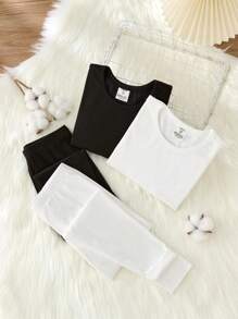 SHEIN 4Pcs Tween Girls Casual Crew Neck Long Sleeve T-Shirt And Leggings Soft Skin-Friendly Sleepwear Set