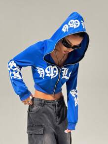 StreetHx Áo hoodie ngắn tay có khóa kéo họa tiết Gothic dành cho nữ, phong cách đường phố, mùa thu - Màu xanh lam - Xem 6