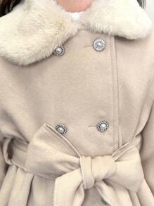SHEIN Young Girl Faux Fur Collar Woolen Coat With Double-Row Button & Belted,In Fall/Winter - Apricot - View 7