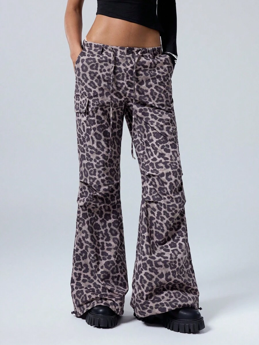LYSMO Women's Flared Ruffle Waist Leopard Print Long Pants
