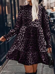 SHEIN LUNE Leopard Print Ruffle Hem Stand Collar Long Sleeve Dress - Purple - View 1