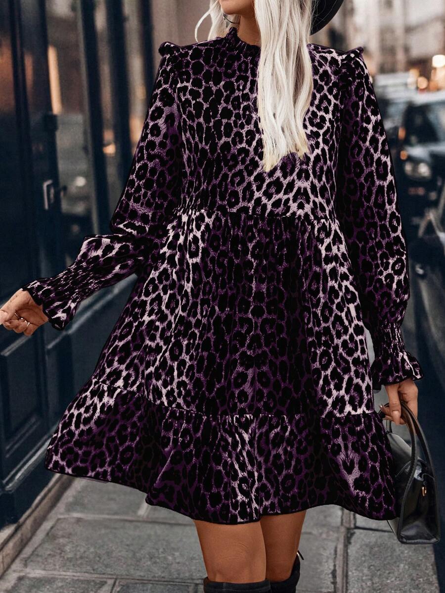 SHEIN LUNE Leopard Print Ruffle Hem Stand Collar Long Sleeve Dress - Purple - View 1