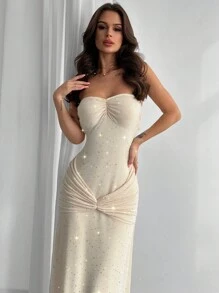 Firerie Elegant Sexy Women's Sequin Mesh See-Through Twist Front Dress With Scarf, Suitable For Party, Gala, Date - Apricot - View 6