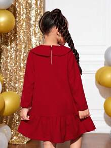 SHEIN 年轻女孩圣诞派对方领可爱长袖连衣裙，配贝雷帽 - 紅色 - 查看 2