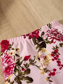 SHEIN Leap Crew Young Girl's Casual Floral Knitted Color Block 2 Pieces Set, Autumn/Winter - Pink - View 3