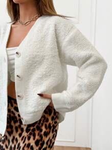 RueChic Cardigan V Neck Special Button Detail - White - View 5