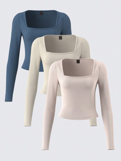 SHEIN BASICS Set de 3 camisetas cortas de mujer de cuello de barco de manga larga, ajustado, de unicolor tejido