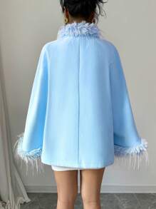 Elenzga Women's Collar Flare Sleeve Rhinestone Button Tweed Coat - Baby Blue - View 2