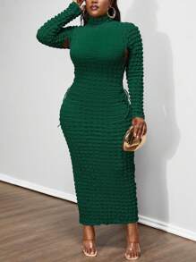 Maweii Plus Size Women Long Sleeve Bodycon Dress, High Collar With Drawstring Hollow Out Ruched Midi Dress Maxi Women Outfit - Dark Green - View 7