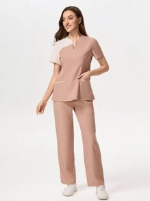 TaskEZ Women's V-Neck Contrast Color Short Sleeve Double Pocket Work Uniform Scrub Set Top And Elastic Waistband Head Straight Pants Bottoms, Health Check Surgical Uniform Scrub Sets Women Solid Color Pet Grooming Work Uniform Scrub Sets Set Nutritionist Work Clothes Short Sleeve Laboratory Work Clothes Women's Two-Piece Suit, Multi-Pocket Functional Work Clothes, Top Collar Plus Buttons For Easy On And Off, Bottom Elastic Waistband For Easy On And Off, Functional Women's Clothing Can Be Worn On Christmas, Fashionable And Casual Women's Autumn And Winter Clothing, Nurse - Dusty Pink - View 4