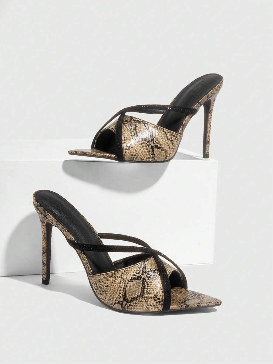 CUCCOO SZL Leopard Print Rhinestone Pointy Toe High Heel Slip-On Sandals, Fashion For Daily Wear And Party Spring Shoes Spring Break Easter Prom Heels - Yellow - View 1