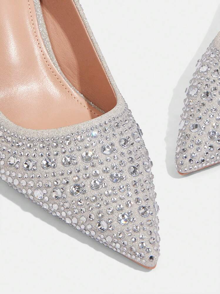 CUCCOO TILAWA أحذية كعب عالي ذات رؤوس مدببة وأشرطة مرصعة بالراينستون باللون الأسود، مناسبة للذهاب إلى العمل، التواعد، الحفلات والمناسبات الرسمية في عيد الحب - فضي - مشاهدة 3